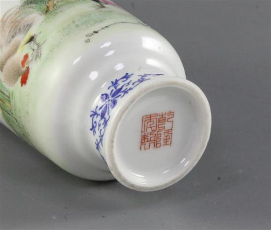 A Chinese famille rose small cylindrical vase, Qianlong mark, Republic period, 16cm